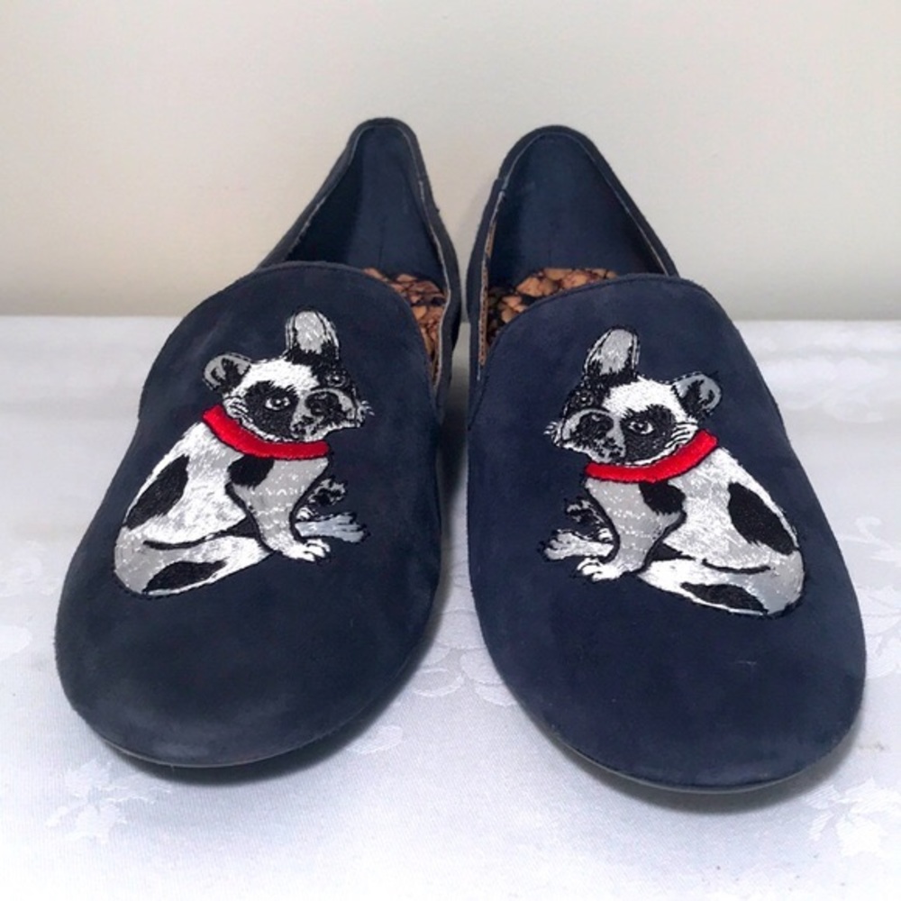 Boutique9 French bulldog suede embroidered studded loafers. 5.5